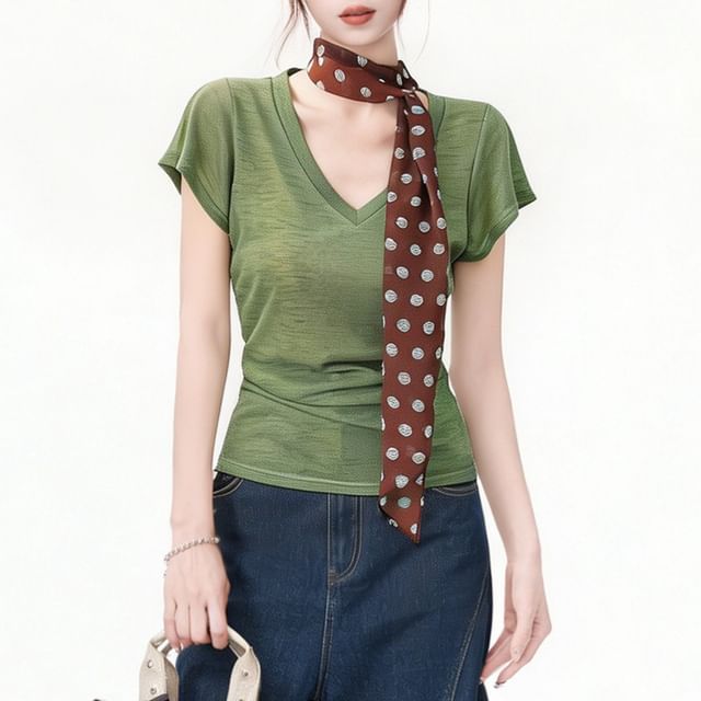 INEN-Short-Sleeve V-Neck Plain Top Dotted Twilly Set