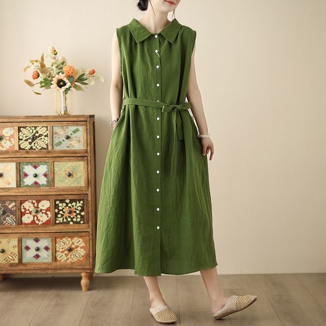 INEN-Sleeveless Collar Plain Button Sashed Midi A-Line Shirt Dress