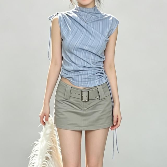 INEN-Sleeveless Mock Neck Striped Ruched Blouse