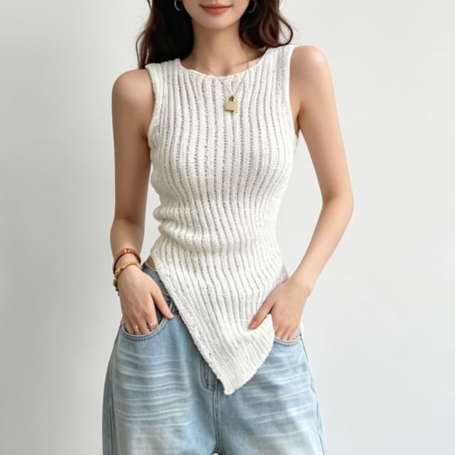 INEN-Sleeveless Round Neck Plain Slit Ribbed Knit Top