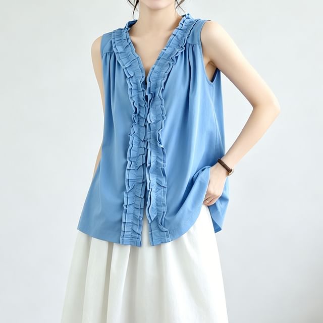 INEN-Sleeveless V-Neck Plain Ruffle Blouse