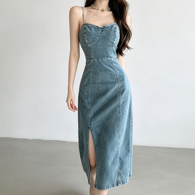 INEN-Spaghetti Strap Washed Slit Midi Sheath Denim Dress