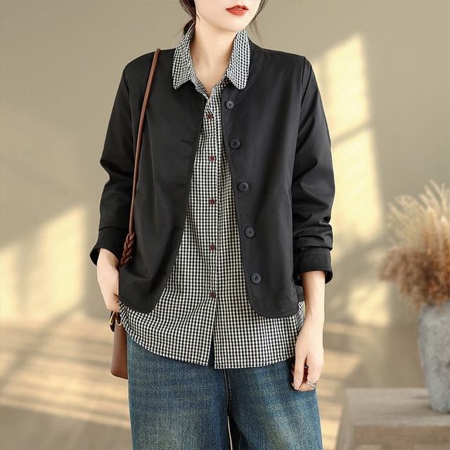 INEN-Stand Collar Button-Up Plain Jacket