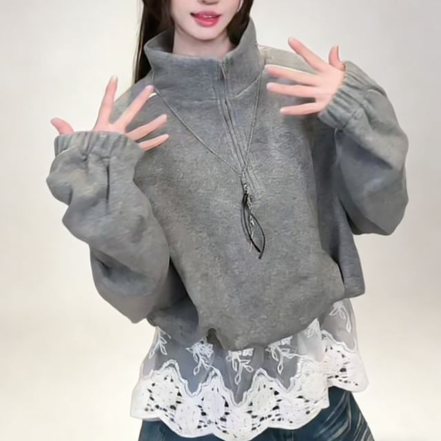 INEN-Stand Collar Half Zip Panel Lace Sweatshirt