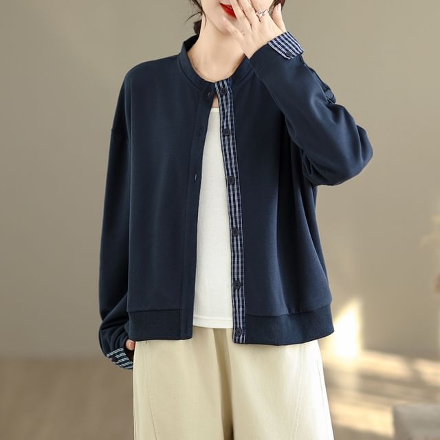 INEN-Stand Collar Plaid Panel Button Jacket