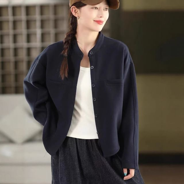 INEN-Stand Collar Plain Button Up Jacket