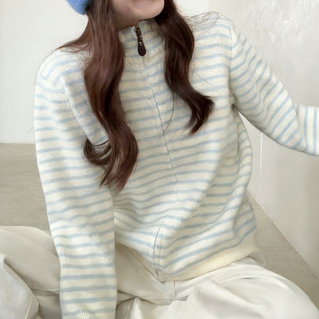 INEN-Stand Collar Striped Zip Knit Jacket