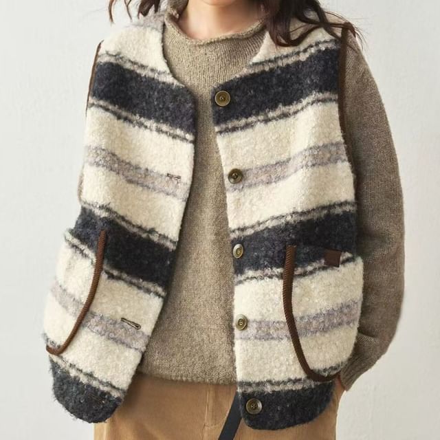 INEN-Striped Faux Shearling Single-Breasted Vest