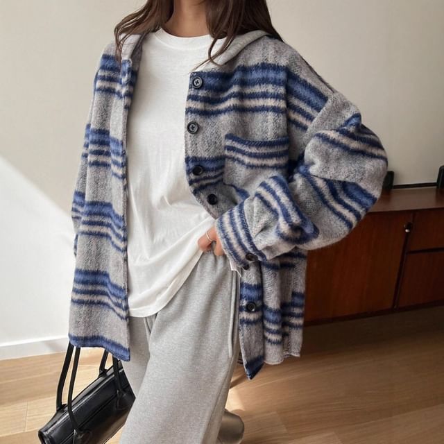 INEN-Striped Hooded Single-Breasted Jacket