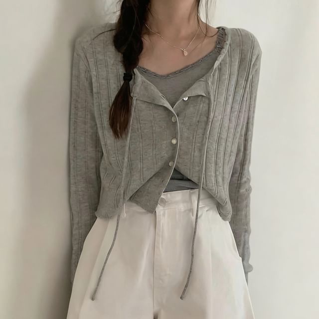 INEN-Tie Neck Plain Ribbed Cardigan
