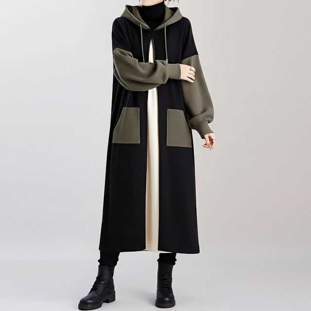 INEN-Two Tone Hooded Midi Coat