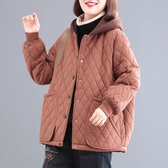 INEN-Two Tone Quilted Hooded Button-Up Jacket