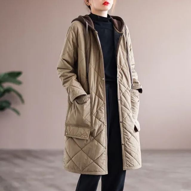 INEN-Two Tone Quilted Hooded Button-Up Long Coat