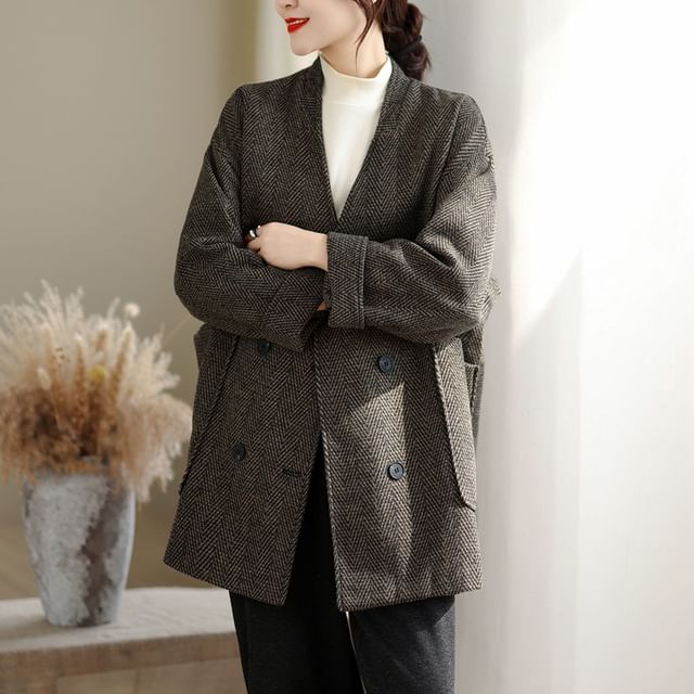 INEN-V-Neck Herringbone Double Breasted Coat