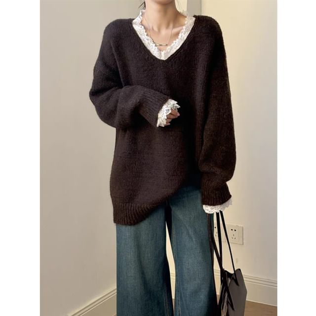 INEN-V-Neck Panel Lace Sweater