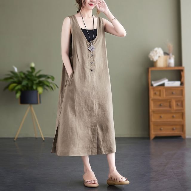 INEN-V-Neck Plain Button Slit Midi A-Line Jumper Dress