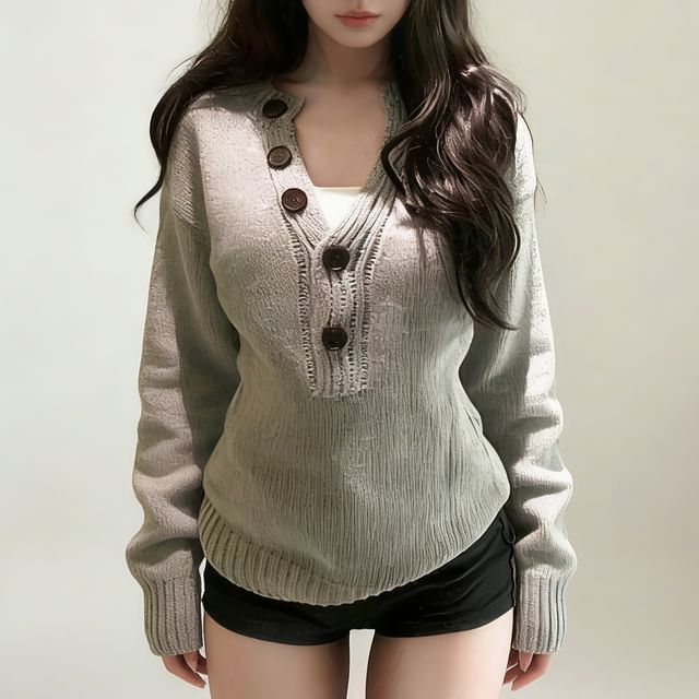 INEN-V-Neck Plain Button Sweater