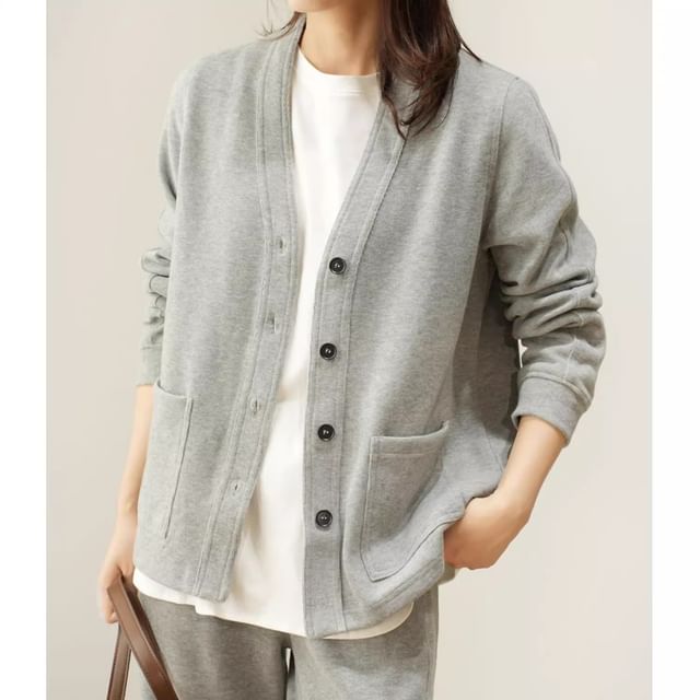 INEN-V-Neck Plain Button Up Jacket
