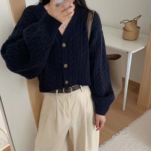 INEN-V-Neck Plain Cable Knit Button Up Cardigan
