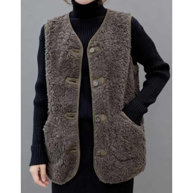 INEN-V-Neck Plain Fleece Button Vest