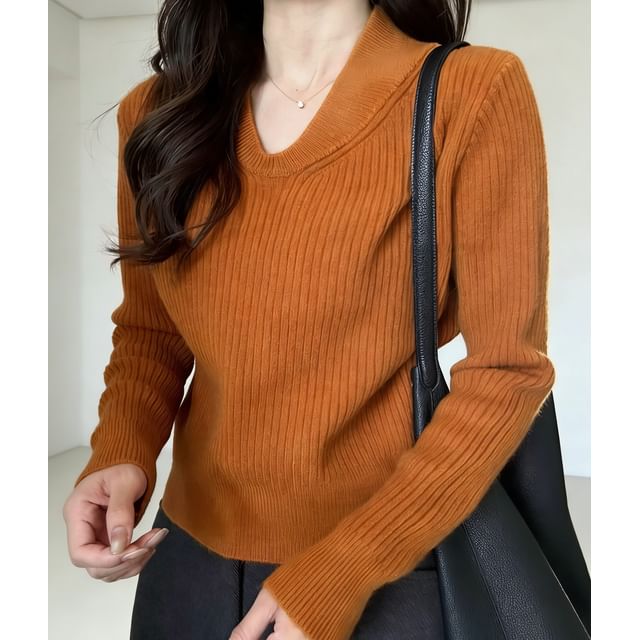 INEN-V-Neck Plain Ribbed Knit Sweater
