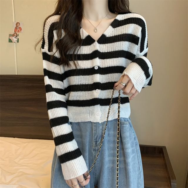 INEN-V-Neck Striped Perforated Button-Up Crop Cardigan