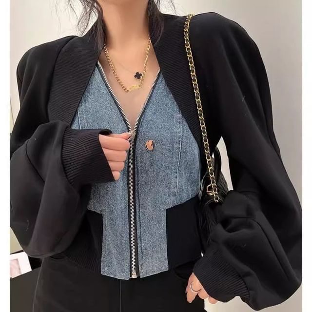INEN-V-Neck Washed Denim Panel Mock Two Piece Zip Jacket