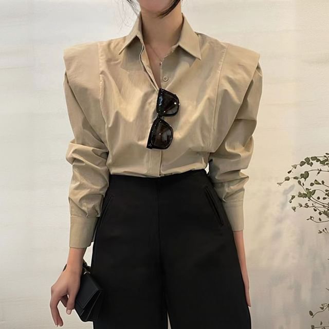 innomori-Long-Sleeve Collared Button-Up Plain Blouse