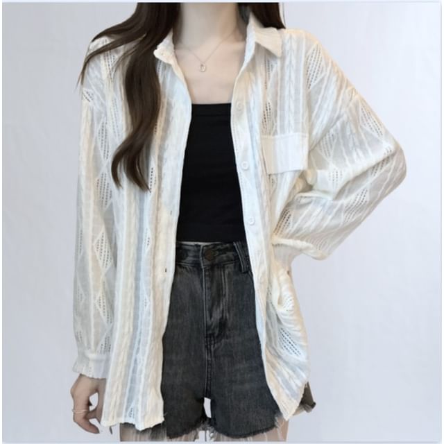 innomori-Long Sleeve Collared Plain Textured Shirt