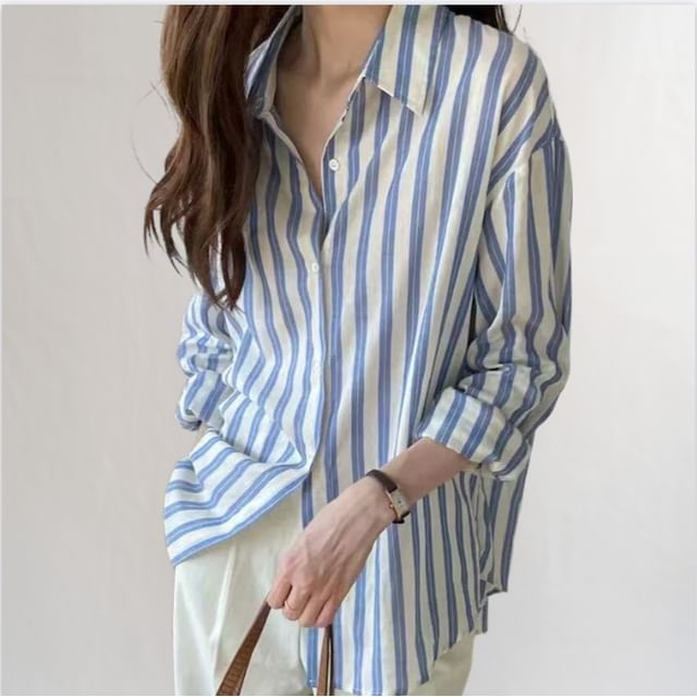 innomori-Long Sleeve Collared Striped Shirt