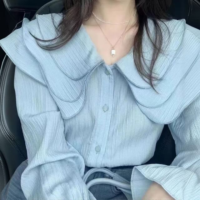 innomori-Long-Sleeve Layered Collar Button-Up Plain Blouse