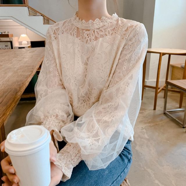 innomori-Long-Sleeve Mock Neck Plain Lace Blouse