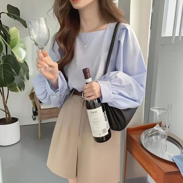 innomori-Long-Sleeve Square Neck Plain Blouse