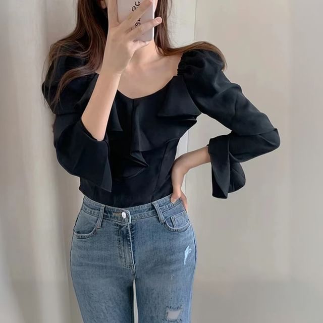 innomori-Long-Sleeve V-Neck Plain Ruffle Trim Blouse