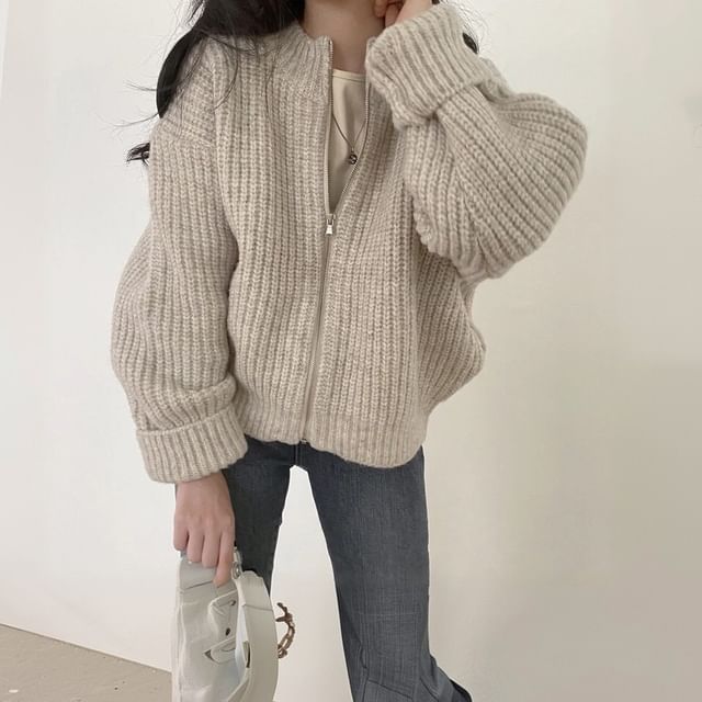 innomori-Mock Neck Plain Zip Cardigan