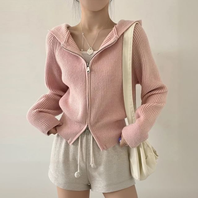 innomori-Plain Hood Ribbed Zip Cardigan