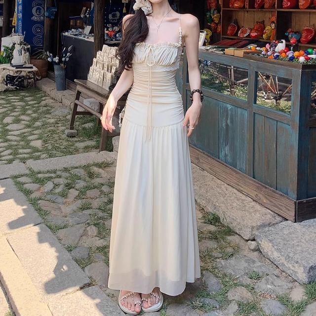 innomori - Spaghetti Strap Plain Ruched Beaded Bow Midi A-Line Dress |  YesStyle