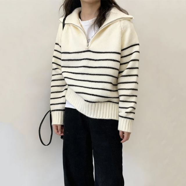 innomori-Striped Half Zip Sweater
