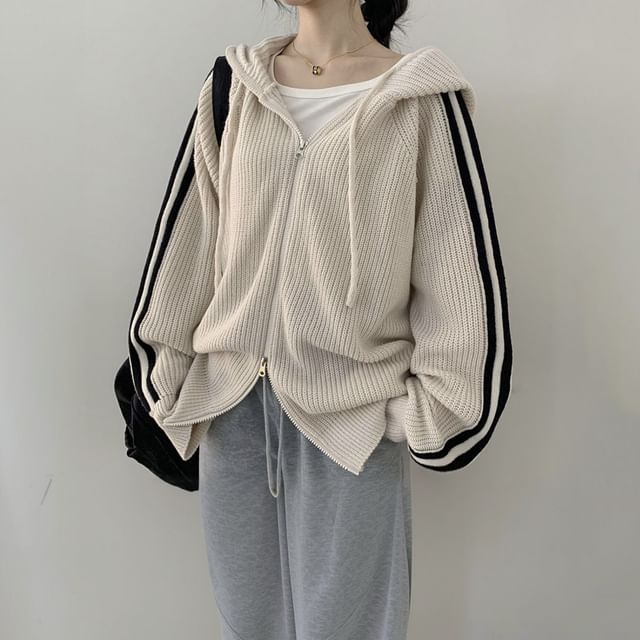 innomori-Striped Hood Ribbed Zip Cardigan