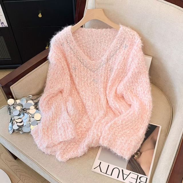 innomori-V-Neck Rhinestone Accent Sweater