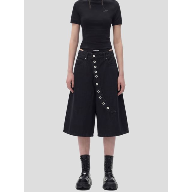 INStudio-Asymmetrical Wide-Leg Denim Jorts