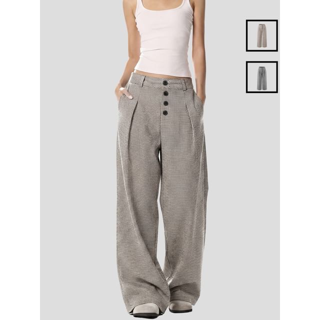INStudio-Button-Front Houndstooth Wide-Leg Dress Pants