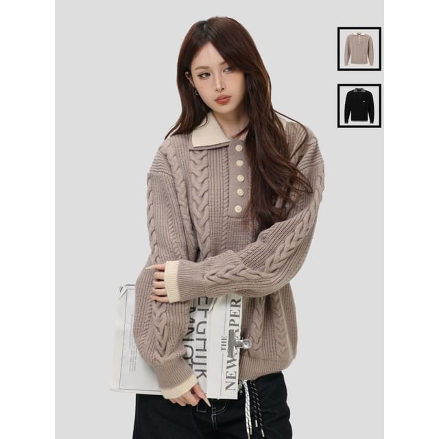 INStudio-Contrasted Cable-Knit Polo Sweater