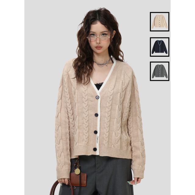 INStudio-Contrasted Cable-Knit V-Neck Cardigan