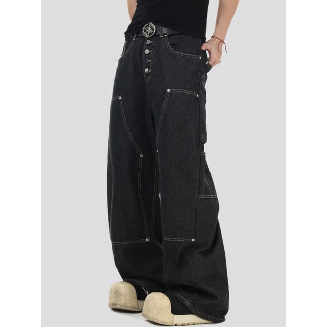 INStudio-Details Stitched Straight-Cut Loose Jeans