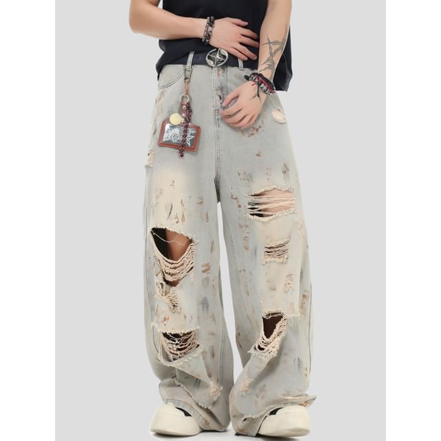 INStudio-Distressed Wide-Leg Jeans