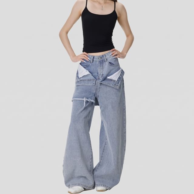 INStudio-Double High Waist Washed Wide Leg Jeans