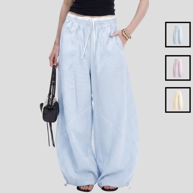 INStudio-Drawstring Double Waist Pinstriped Barrel Leg Pants