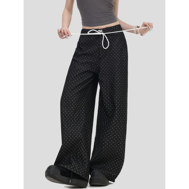INStudio-Drawstring-Waist Dotted Straight-Cut Loose Jeans