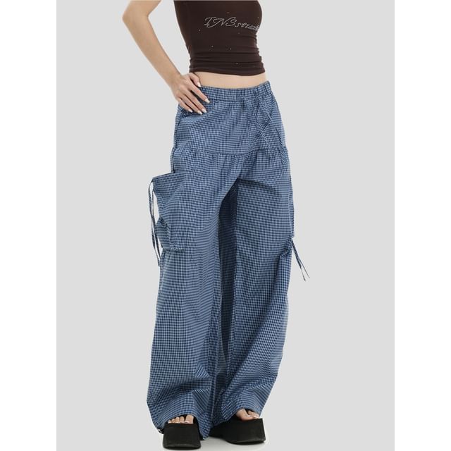 INStudio-Drawstring Waist Gingham Cargo-Pocket Baggy Pants